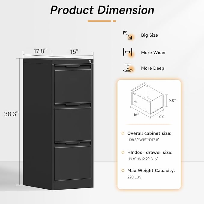 17.8" D File Cabinet, 3 Drawer Metal Filing Cabinets with Lock, Locking Vertical File Cabinet for Letter/Legal/A4/F4 Size, Easy Assemble (Black)