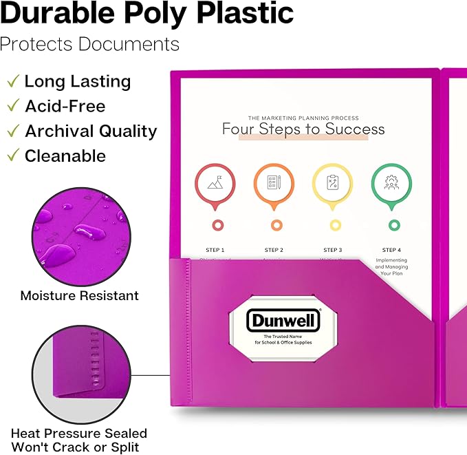 Dunwell Plastic 2-Pocket Folders (24 Pack, Assorted Colors), 8.5x11 Document Folders for School and Office, Heavy Duty Poly, Long Lasting, Includes Labels