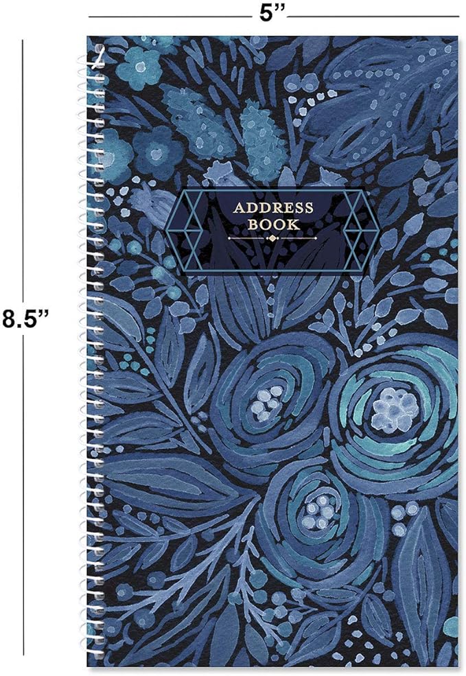 Navy Blossoms Address Book - 94 Pages; 5" x 8-1/2", Spiral-Bound, 50 Replacement Cover Stickers