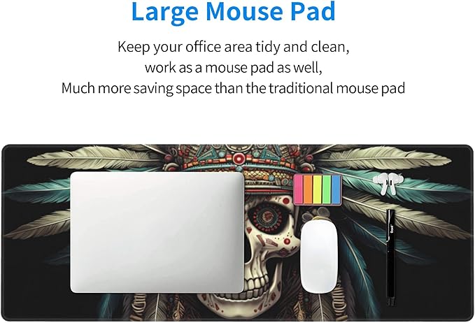 Cute Intricately Decorated Skull with Feather Headdress Pattern Mouse Pad 31.5 x 12 Inch, Non-Slip Rubber Base, Ergonomic Design for Pain Relief, Perfect for Computer Users
