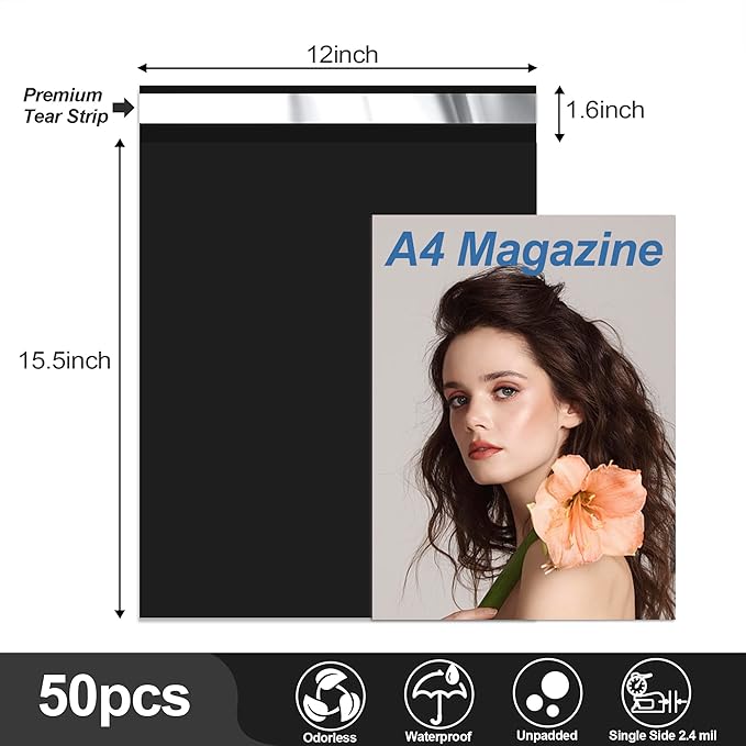 JinRuiKJ Thank You Poly Mailer 12x15.5 Inch 50 PCS, Shipping Bags for Clothing, Packaging Bags for Small Business, Strong Adhensive, Waterproof and Tear-Resistant Mailing Envelopes, Black