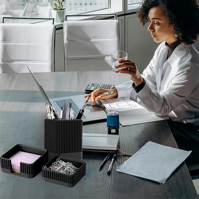 Aesthetic Desk Organizers and Accessories Set of 3 with Pen Holder,Paperclip Holder,Sticky Note Holder - Durable Plastic Pencil Holder for Office Women Men-Teacher Appreciation/Back-to-school Gift