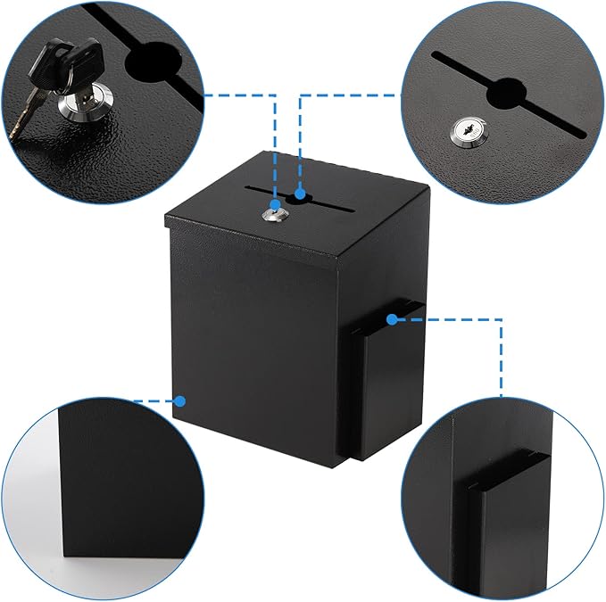 TOPZEA Suggestion Box with Slot and Lock, Wall Mounted Ballot & Donation Box, Metal Comment Collection Box Key Drop Box with 50 Free Suggestion Cards for Office, Hotel, Church, Black, 9"x 7.4"x 6"