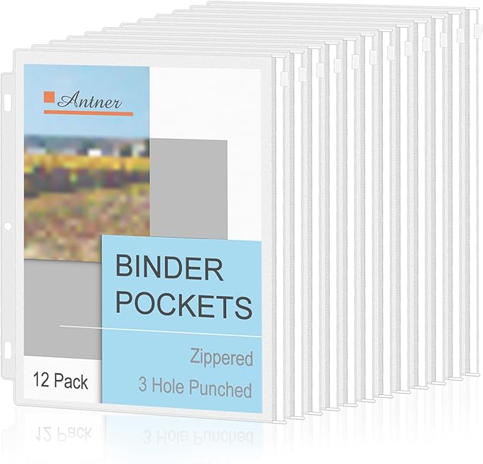 Antner 12 Pack Letter Size Binder Pockets 3 Holes Zipper Binder Folders for 3-Ring Binder, Clear PVC Loose Leaf Bag Binder Pouch Insert Pages Sheet Protectors Waterproof Document Filling Storage Bags