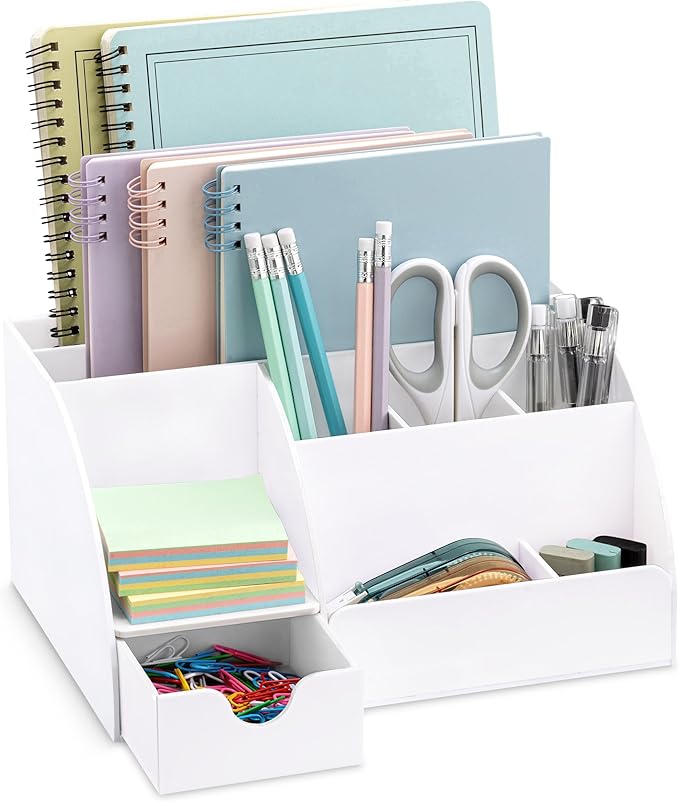 White Desktop Organizer - 9 Compartment Office Desk Accessories Organizer - Pen Holder
