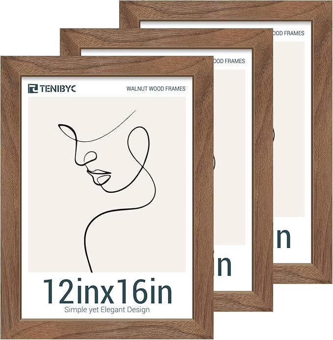 12x16 Picture Frame Set of 3 - Natural Walnut, Brown Wood, HD Tempered Glass, Wall Gallery Photo Frame