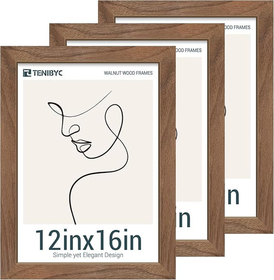 12x16 Picture Frame Set of 3 - Natural Walnut, Brown Wood, HD Tempered Glass, Wall Gallery Photo Frame