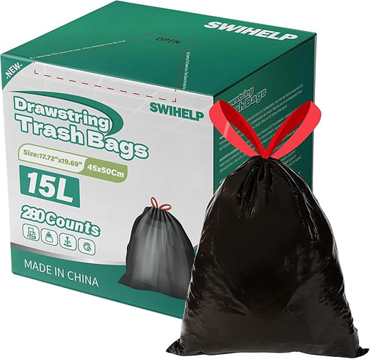 SWIHELP Drawstring Trash Bags 280 Counts 4 Gallon Garbage Bags 15 Liters Plastic Trash Can Liners Waste Basket Bin Liners