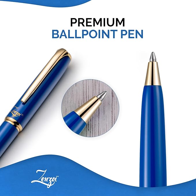 ZenZoi Blue Ballpoint Pen - Premium Writing Instrument for Men or Women With Gold Trim, Smooth Writing Schmidt Ink Refills, Luxury Gift Set, High-End, Retractable, Professional for Journaling