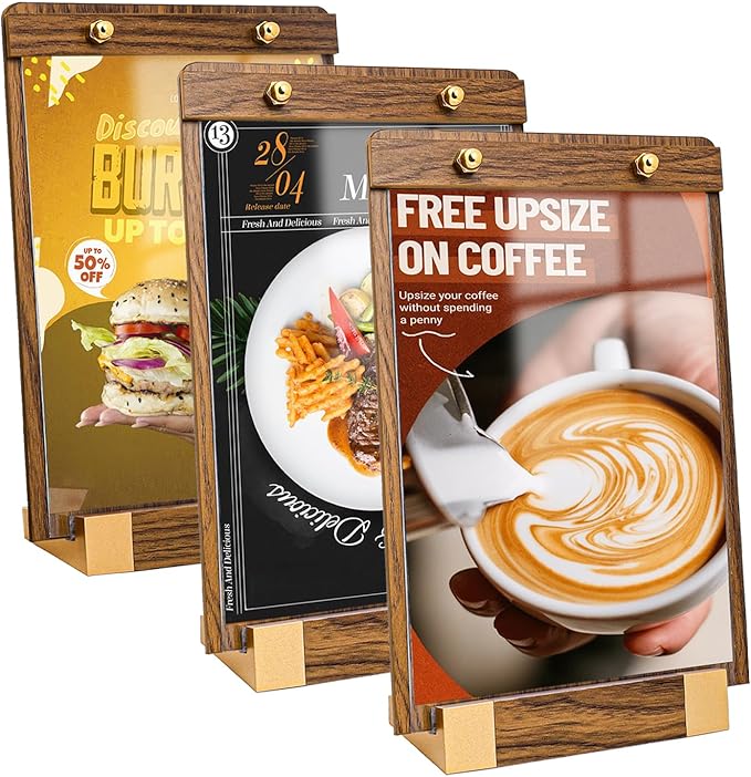 3 Pack 8.5"x11" Acrylic Sign Holder with Wood-Color Base, Tabletop Display Sign Holder Vertical for Store/Coffee Shop/Restaurant Menu Hotel/Office Poster Show