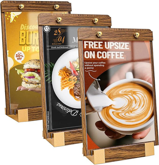3 Pack 8.5"x11" Acrylic Sign Holder with Wood-Color Base, Tabletop Display Sign Holder Vertical for Store/Coffee Shop/Restaurant Menu Hotel/Office Poster Show