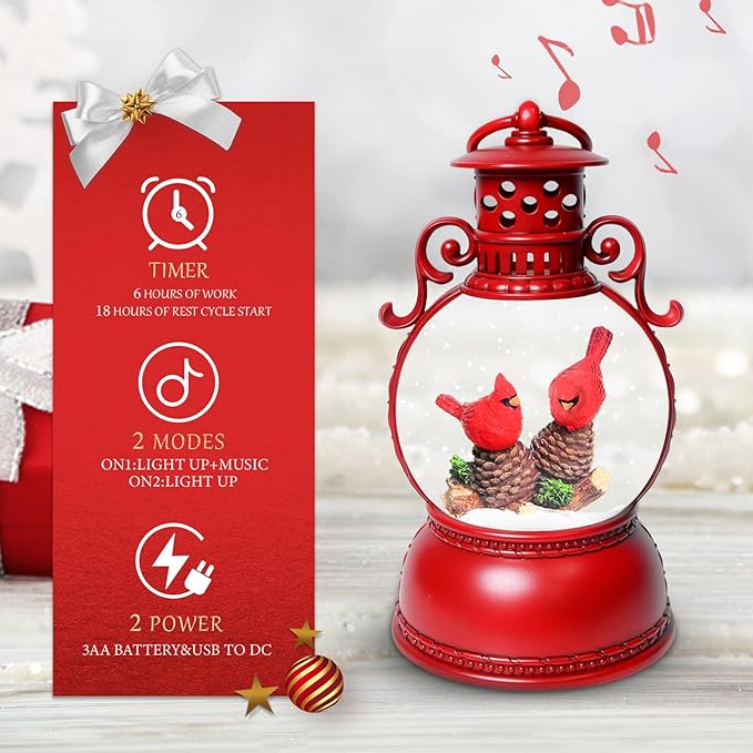 Christmas Snow Globes, Cardinal Christmas Snow Lantern with 8 Songs, 6H Timer Battery & USB Powered Glitter Music Box for Christmas Table Decorations Home Decor