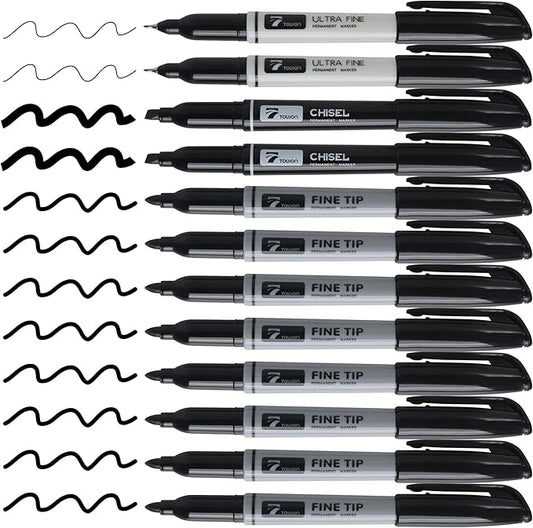 12 Black Permanent Markers with Bag - Waterproof Quick Drying Pens Set 8 Fine Tip, 2 Ultra Fine, 2 Chisel Tip Office Home School Supplies for Adults Writing Doodling Marking