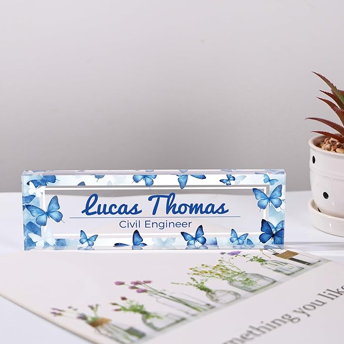 Custom Name Plate for Desk, Personalized Acrylic Office Name Sign with Name & Title, Elegant Desk Decor for Women Men, Employee Appreciation Gift (Blue Butterfly)