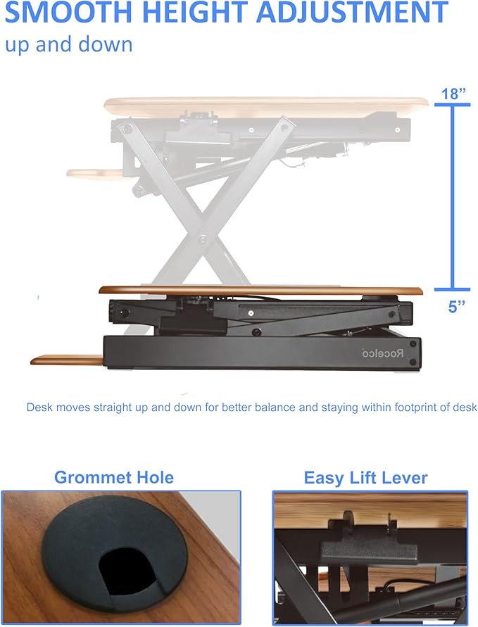 Rocelco 46" Height Adjustable Corner Standing Desk Converter with Dual Monitor Arm Mount Bundle - Sit Stand Up Tabletop Computer Workstation Riser - Extra Large Keyboard Tray - Teak (R CADRT-46-MA2)