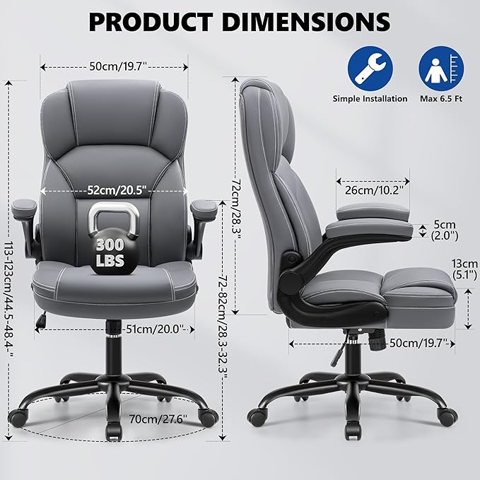 PU Leather Executive Office Chair, Ergonomic High-Back Computer & Gaming Chair with Adjustable Height, Rolling Swivel & Flip-Up Armrests, Comfy Padded Seat for Home Office-Gray