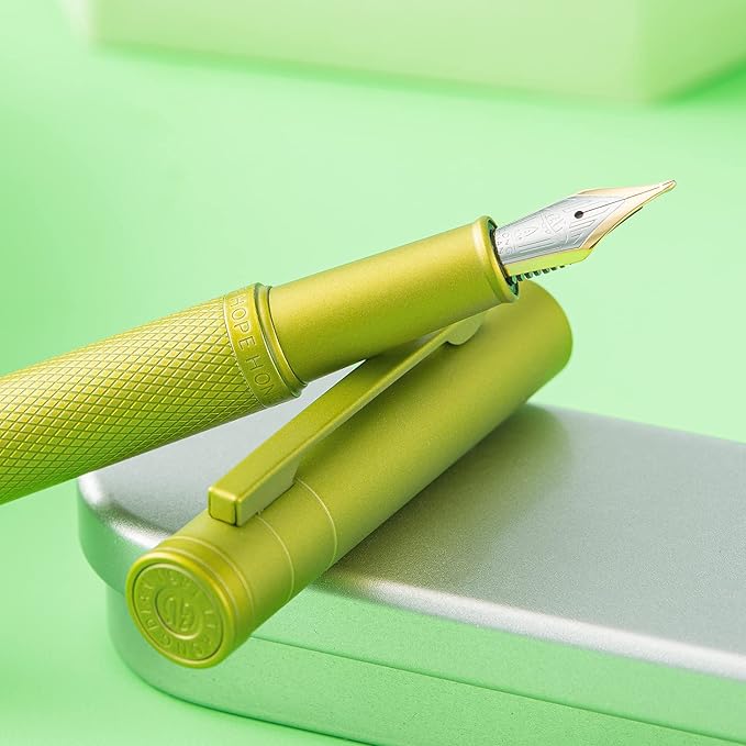 Hongdian 1851 Mustard Yellow Forest Fountain Pen Blade Nib Classic Design Calligraphy Pen with Converter and Metal Pen Case Set