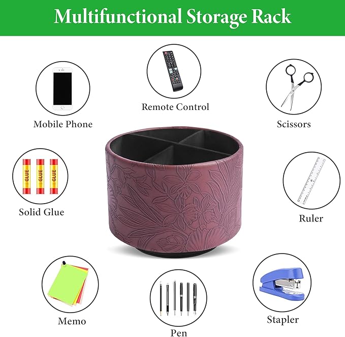 Hennaja Round Leather Art Supply Organizer,Remote Control Holder,360 Degree Spinning,Multi-Functional Pencil Holder,4 Compartments Desktop Stationary Organizer(1-Carved Dark Brown)