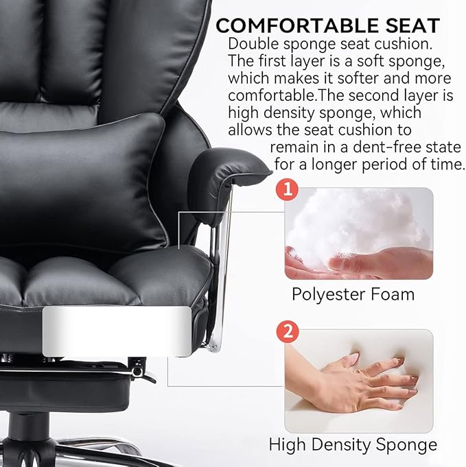 Efomao Desk Office Chair 400LBS, Big and Tall Office Chair, PU Leather Computer Chair, Executive Office Chair with Leg Rest and Lumbar Support, Black Office Chair