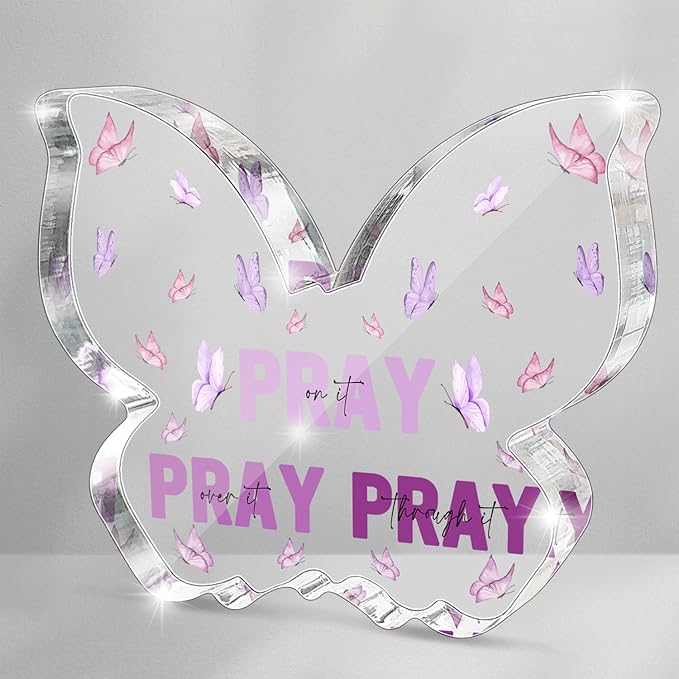 Purple Religious Plaques Christian Woman Decor Gifts, Purple Christian Gifts for Women, Modern Home Office Room Bathroom Bedroom -Pray On It Pray Over It -Bible Verse Acrylic Sign(Butterfly)