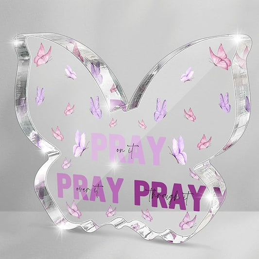 Purple Religious Plaques Christian Woman Decor Gifts, Purple Christian Gifts for Women, Modern Home Office Room Bathroom Bedroom -Pray On It Pray Over It -Bible Verse Acrylic Sign(Butterfly)