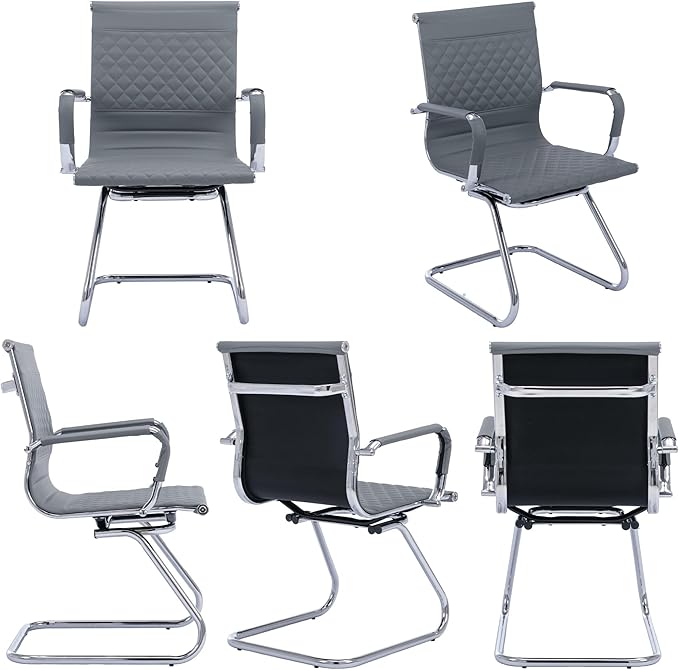 Office Guest Chairs - Set of 8 Mid Back, Modern PU Leather Desk Chairs for Reception & Conference Rooms, Grey