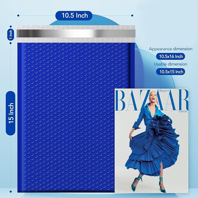 Fuxury Large Bubble Mailers 10.5x16" 500 Pack Royal Blue Self Seal Padded Envelopes Bulk Waterproof Mailing Envelopes Bubble Padded #5 Cushioning Padded Mailers for Small Business Packaging