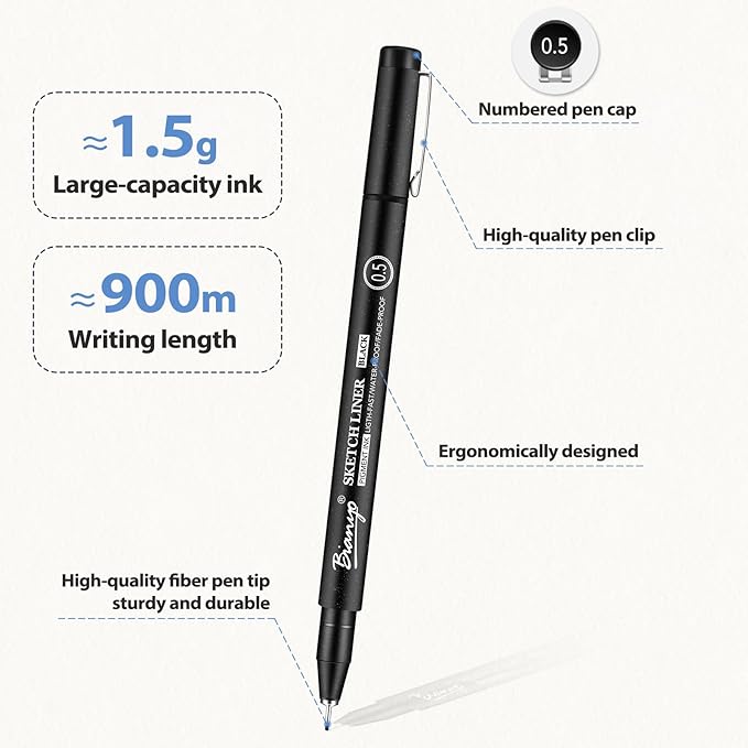 Bianyo Art Drawing Pens Art Supplies - 10 Assorted Art Pens + 2 Black Art Markers, Upgraded Pigment Water-Resistant Archival Ink, Bonus Pouch Bag - Perfect for Artists, Crafters