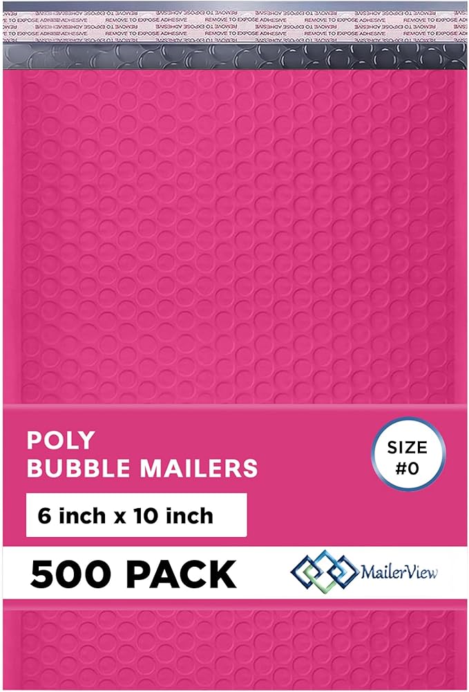 Hot Pink Small Poly Bubble Mailers 6x10 inch #0 | Self Seal Padded Envelopes | Cushioned Bubble Mailer | Usable Size 6x9 | WaterProof | Lightweight mailing Shipping Bags | 500 Pack Bulk