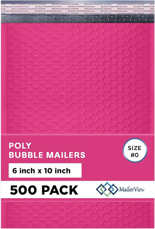 Hot Pink Small Poly Bubble Mailers 6x10 inch #0 | Self Seal Padded Envelopes | Cushioned Bubble Mailer | Usable Size 6x9 | WaterProof | Lightweight mailing Shipping Bags | 500 Pack Bulk