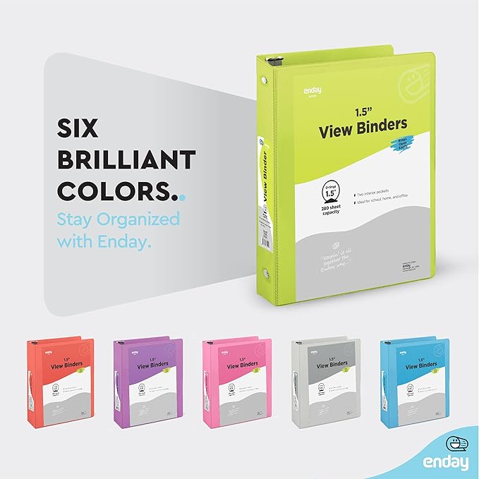 3 Ring Binder Green, 1.5 Inch Clear View Cover with 2 Inside Pockets Binder, Colored School Supplies 1 ½ Inch Round Ring Binders, Also Available in Red, Blue, Purple, Pink, and Grey (6 PC) – by Enday