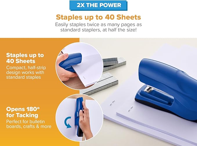 Bostitch Office Heavy Duty 40 Sheet Stapler with 1250 Staples & Claw Remover, Small Stapler Size, Fits into The Palm of Your Hand, Value Pack, Blue (B175-BLUE-VP)