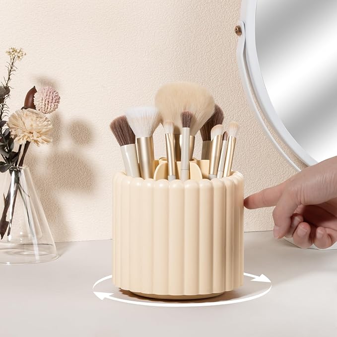 Anyoifax 360 Rotating Makeup Brush Holder 7 Slots Make Up Brush Organizer Removable Spinning Cosmetic Brushes Storage Pen Holder for Vanity, Dresser, Desk, Beige
