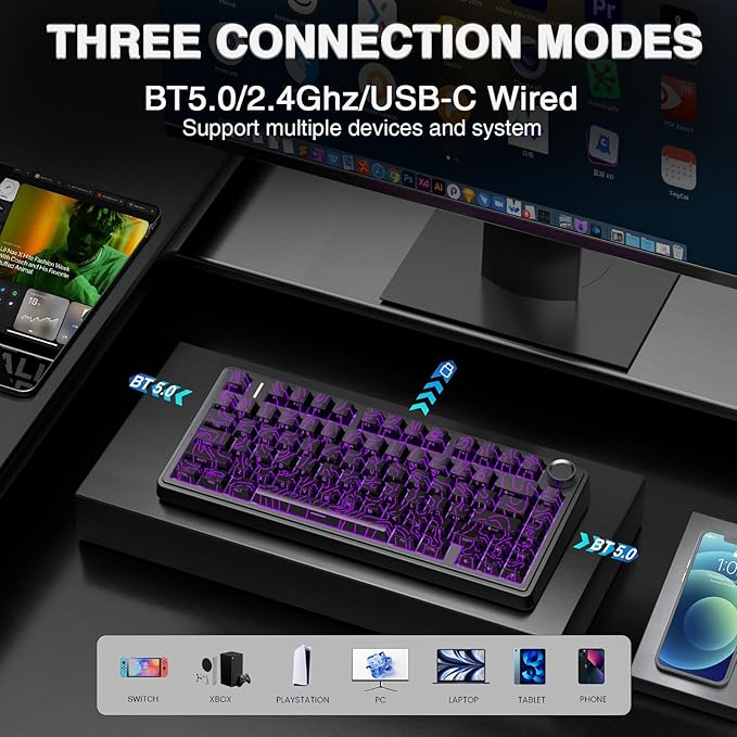 AULA F75 Pro Wireless Mechanical Keyboard with Knob,75% Hot Swappable Custom Gaming Keyboards,RGB Backlit,Pre-lubed Switches,Side Printed PBT Keycaps Creamy Sounding Computer Keyboard, Line Black