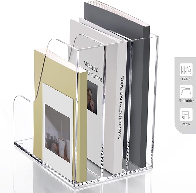 SANRUI Acrylic Magazine File Holder for Desk Organizers, Clear 3 Vertical Compartments A4 Folder Binder Holders Sorter, Desktop Workspace Organization Storage Racks for Office Home School