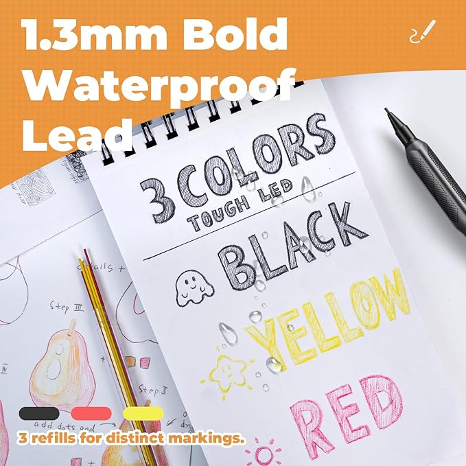 Nicpro 3 Pack Weatherproof Mechanical Pencil Set, 1.3mm Metal Mechanical Pencils, Heavy Duty Pencil for Outdoor All Weather Marking Drafting Drawing with 75 Lead Refills, Erasers, Case (Black, HD1000)