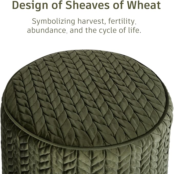 Modern Round Ottoman, Braided-Tufted Foot Stool Ottoman, Velvet Upholstered Vanity Stool for Makeup, Bedroom, Living Room, Dark Green