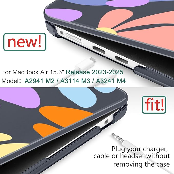 DONGKE Compatible with M4 MacBook Air 15 inch Case 2025-2023 A3241 A3114 A2941 M3 M2 Retina Display Touch ID, Plastic Hard Case & Keyboard Skin for MacBook Air 15" - Black Retro Florals