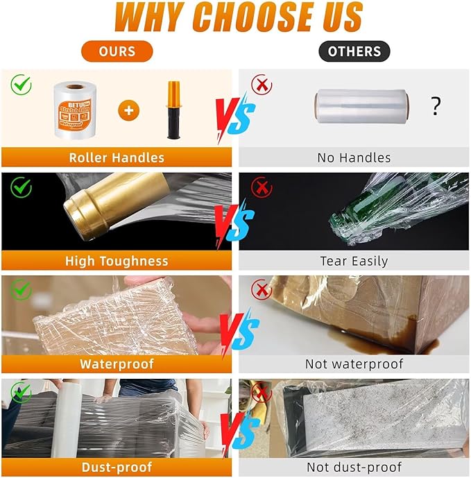 BETU Plastic Wrap Stretch Film for Moving Supplies 5inch X 1000ft, Shrink Wrap Stretch Roll Industrial for Furniture Wrapping Shipping Pallet Moving Boxes Storage with Handles, 1 Pack, Clear