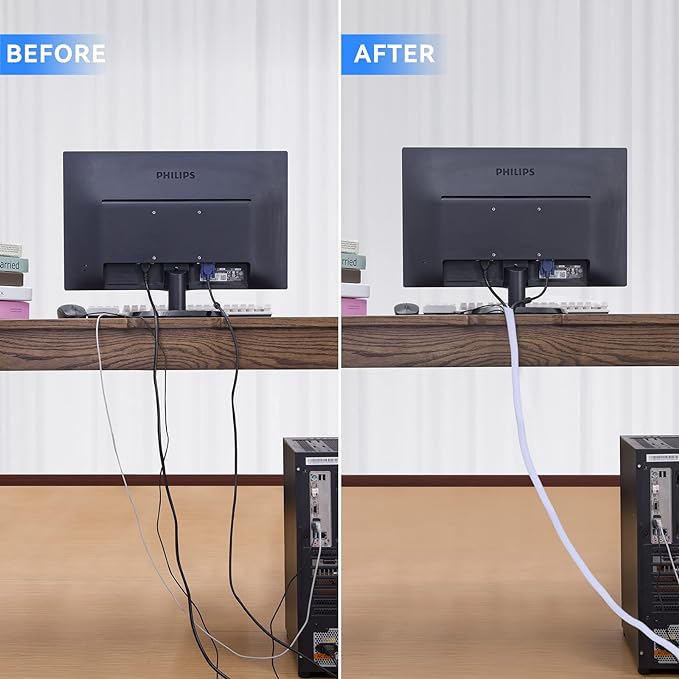 AGPTEK Cable Sleeve Cover, 10ft - 1.5 inch Desk Cord Organizer Cable Hider, Home Office Wire Management Computer TV Wire Loom Tubing, Pet Proof Cord Protector, from Cat Dog Chewing, White