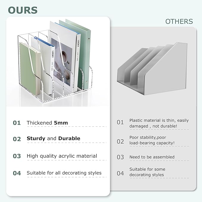 SANRUI Acrylic Desk Organizers, Clear Magazine File Holder, 5 Vertical Compartments A4 Folder Binder Holders Sorter, Office Desktop Workspace Organization Storage Rack for Office Home School