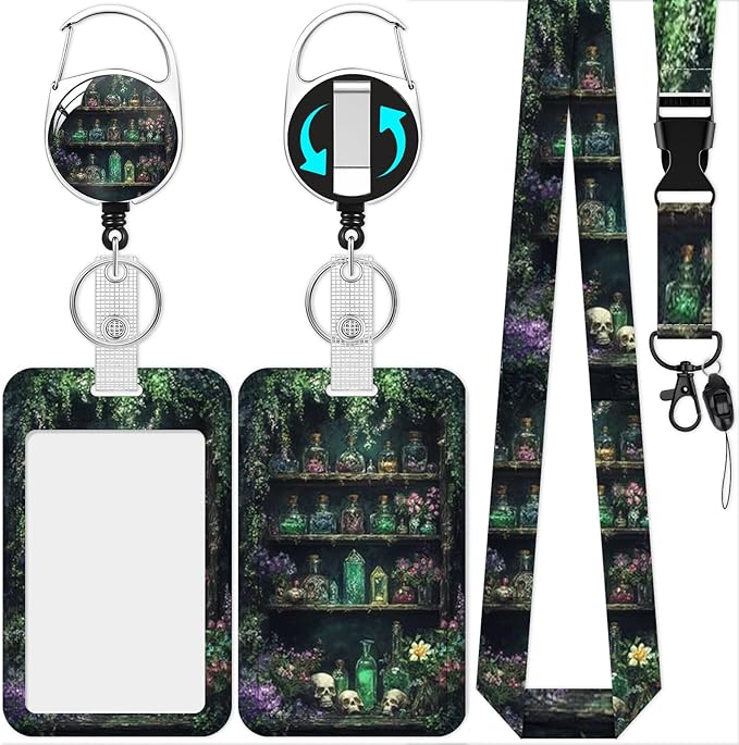 Skull Bookshelf Badge Holder Reel Lanyard,ID Card Badge Holder Retractable Name Tag Clips for Doctor Nurse Teacher Office Student