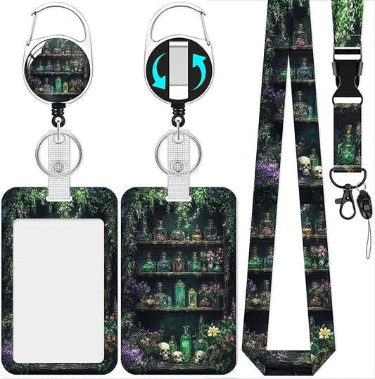 Skull Bookshelf Badge Holder Reel Lanyard,ID Card Badge Holder Retractable Name Tag Clips for Doctor Nurse Teacher Office Student