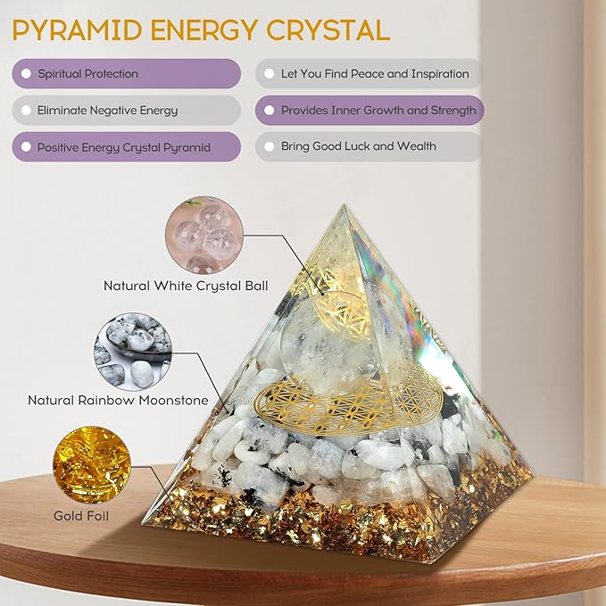 Hopeseed Orgone Pyramid for Positive Energy, Orgonite Rainbow Moonstone&White Crystal Healing Crystal Pyramids for Reduce Stress Chakra Reiki Healing Meditation Attracts Lucky and Success