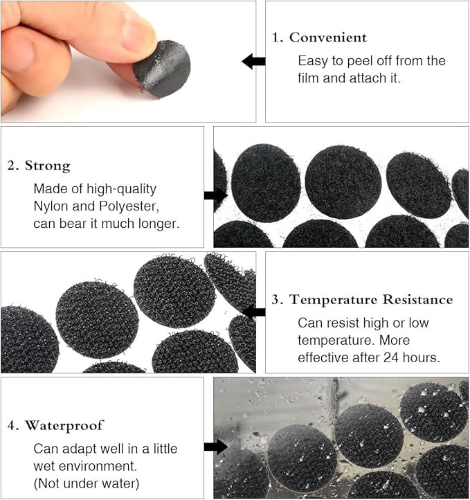 Self Adhesive Dots, Strong Adhesive 1600pcs(800 Pairs) 0.59 inch Diameter Sticky Back Hook Nylon,Loop Strips with Waterproof Sticky Glue Tapes for Classroom, Office, Home(Black)