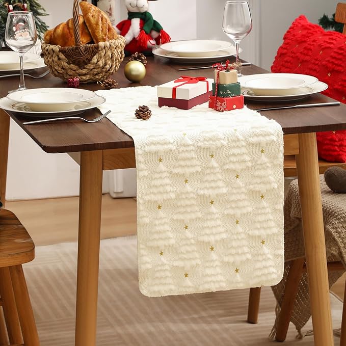 Christmas Table Runner 13x108 Inch, Xmas Trees Star Winter Holiday Decorative Farmhouse Table Decorations for Kitchen Dinning, Indoor Outdoor Dinner Party Decor (White) 1 Pack