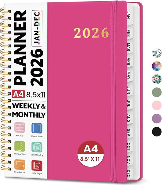 2026 Planner 8.5" x 11", Weekly and Monthly Calendar Planner Book, January 2026 - December 2026, Hardcover Spiral Planner with Monthly Tabs, Notes Pages, Perfect for Women & Men, A4 - Hot Pink