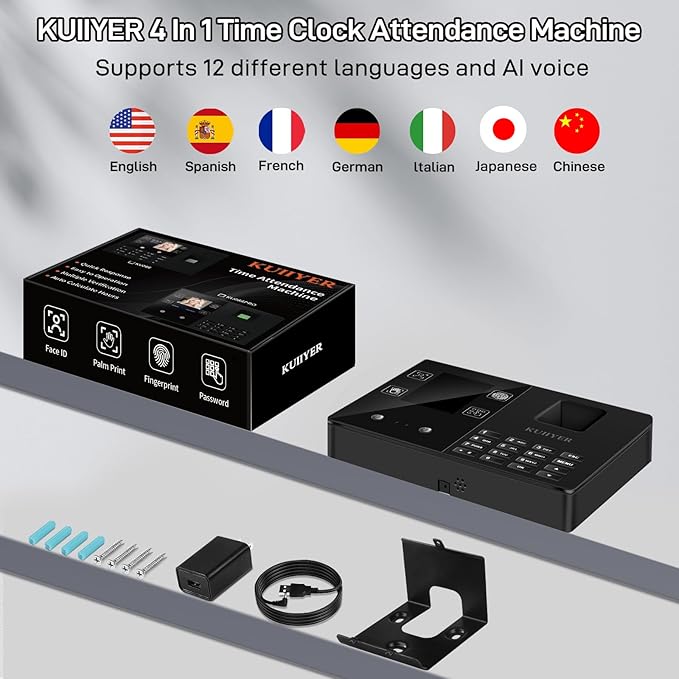 KUIIYER 4 in 1 Employee Time Clocks for Small Business (Face + Fingerprint + Palm Print + PIN) Employee Clock in & Out Machine Attendance Punch Clock