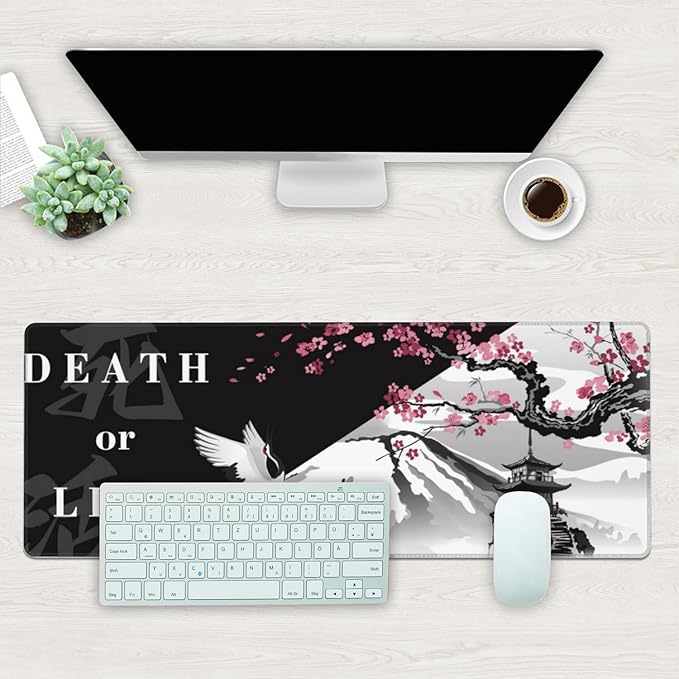 Desk Mat, Black and White Cherry Blossom Extended Gaming Mouse Pad Large, 31.5"x11.8" Big Mouse Pad with Non-Slip Base and Stitched Edge, Long Computer Keyboard Mouse Mat for Home Office Work