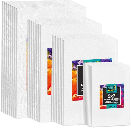 KEFF 32-Pack Bulk Canvas for Painting, 8 of 5x7, 8x10, 9x12, 11x14 Canvas Boards for Painting, Art Supplies for Adults & Kids - 100% Cotton Primed Painting Canvas for Acrylic, Oil, Watercolor, Tempera